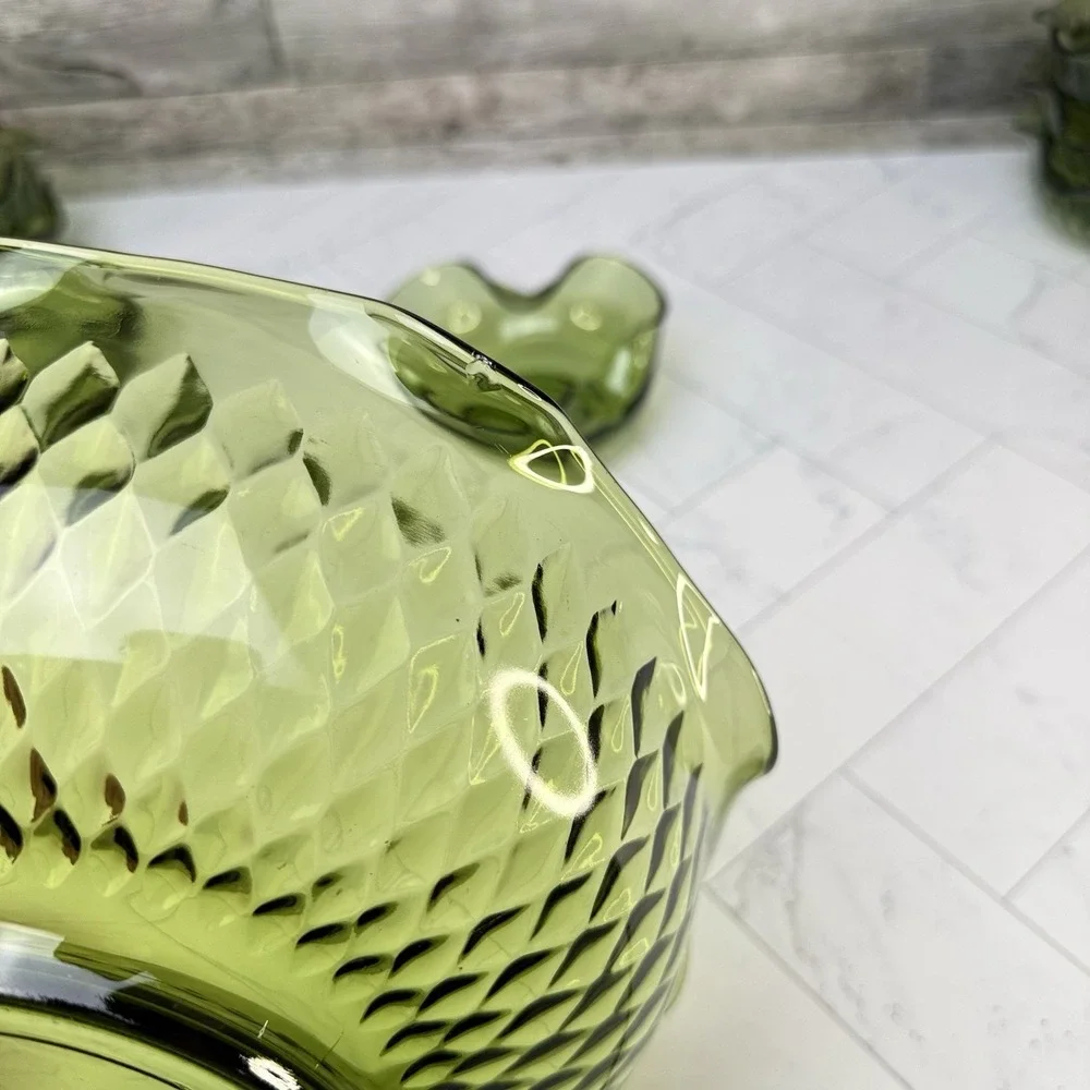 Indiana Glass Avocado Green Diamond Point Ruffled Serving Bowls - Set of 8